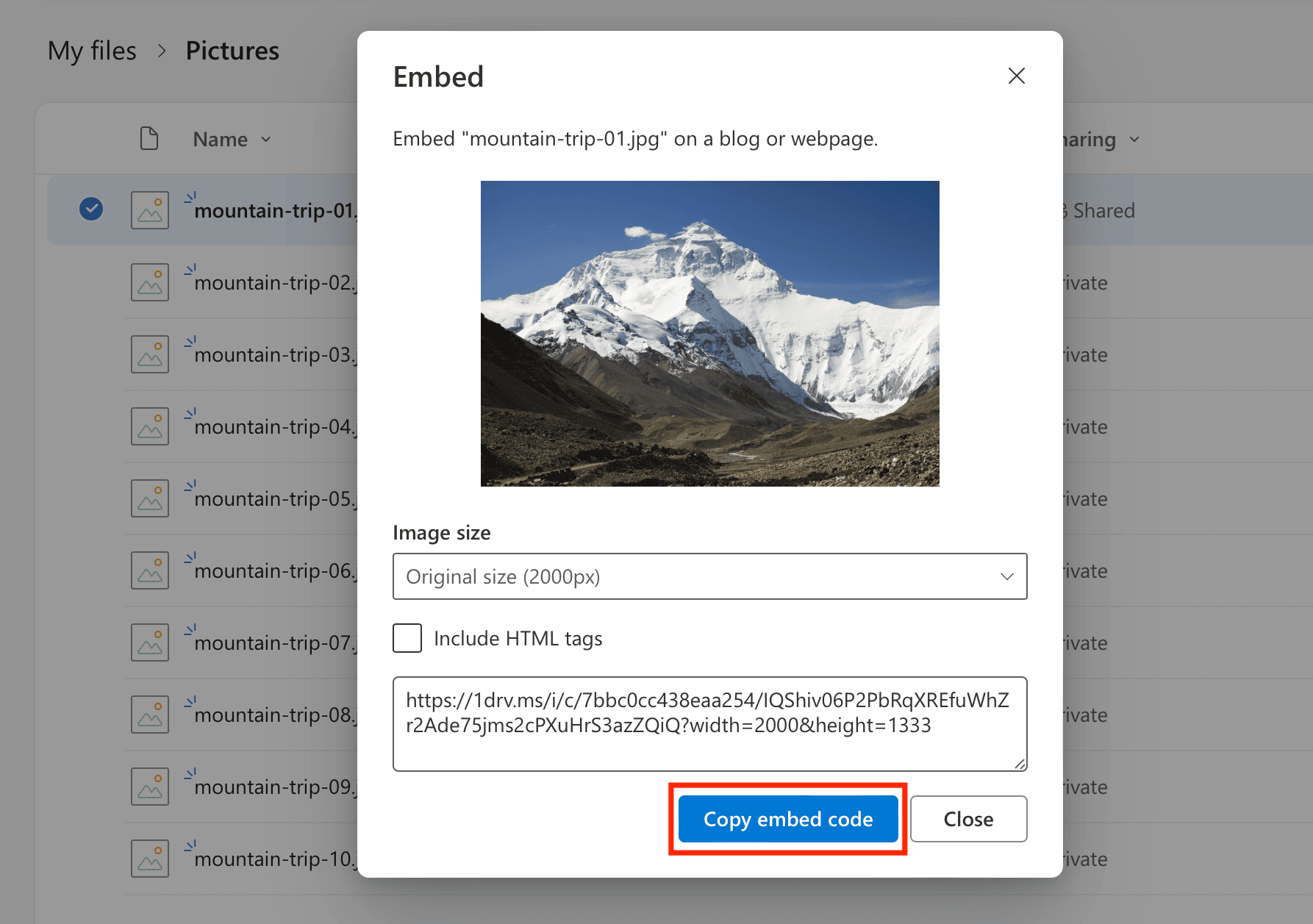 Embed image from OneDrive