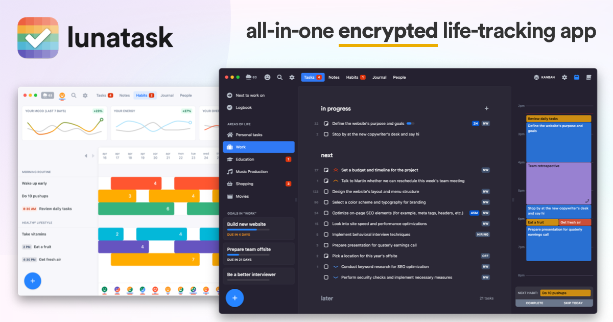 Encrypted to-do list, life-tracking, journaling and notes app | Lunatask